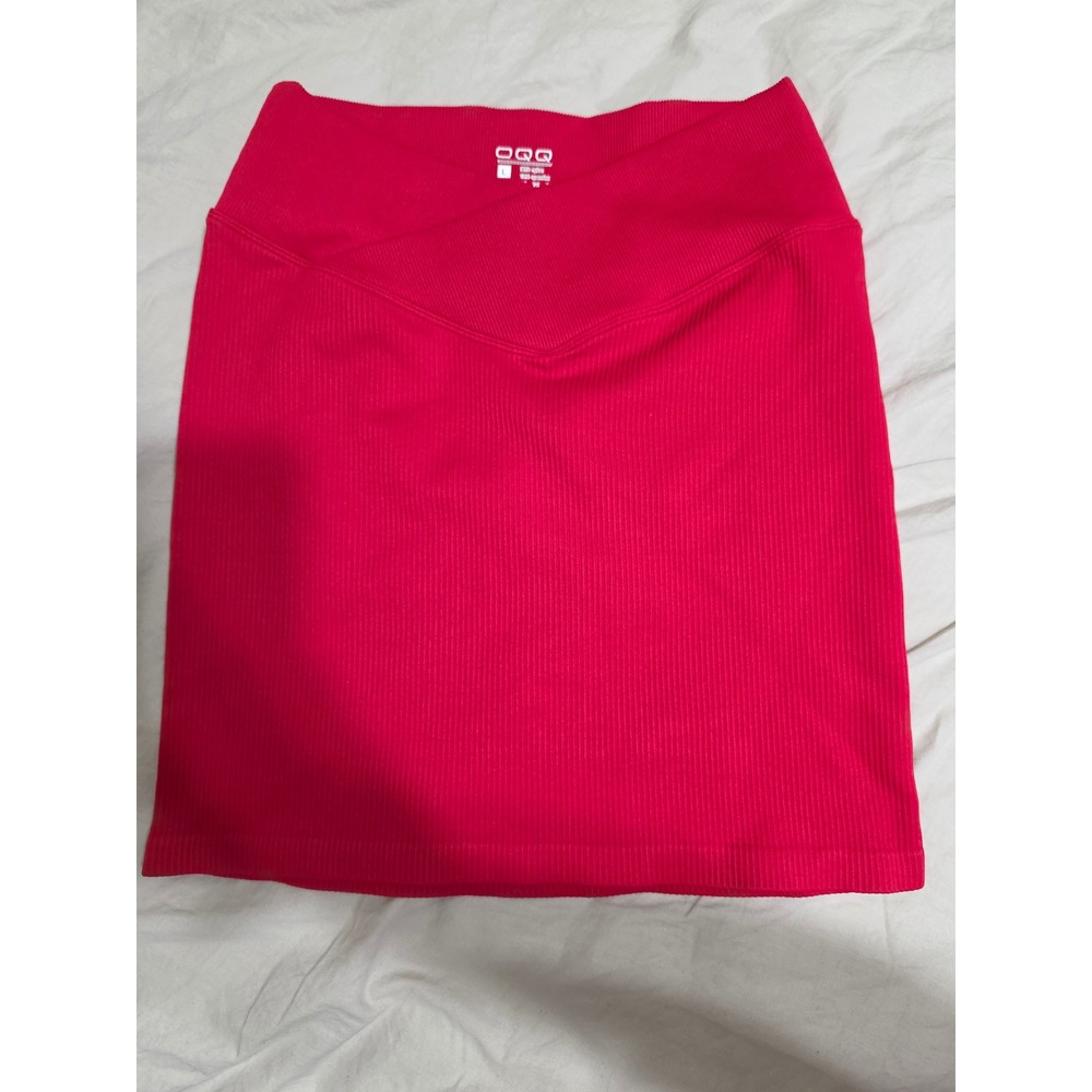 OQQ Red Ribbed Mini Skirt Crossover V Waist Athletic Bodycon Large